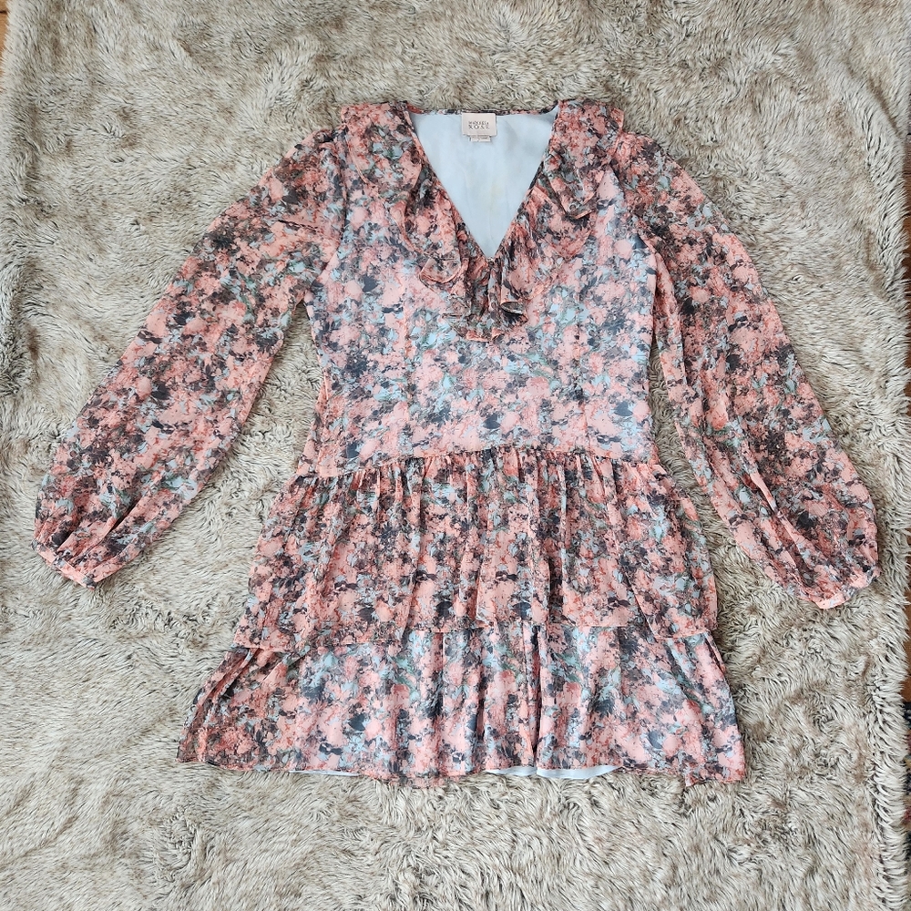 Marchesa Rose Notte Lace Mini Dress Long Sleeve Tiered Floral Women's Size Large